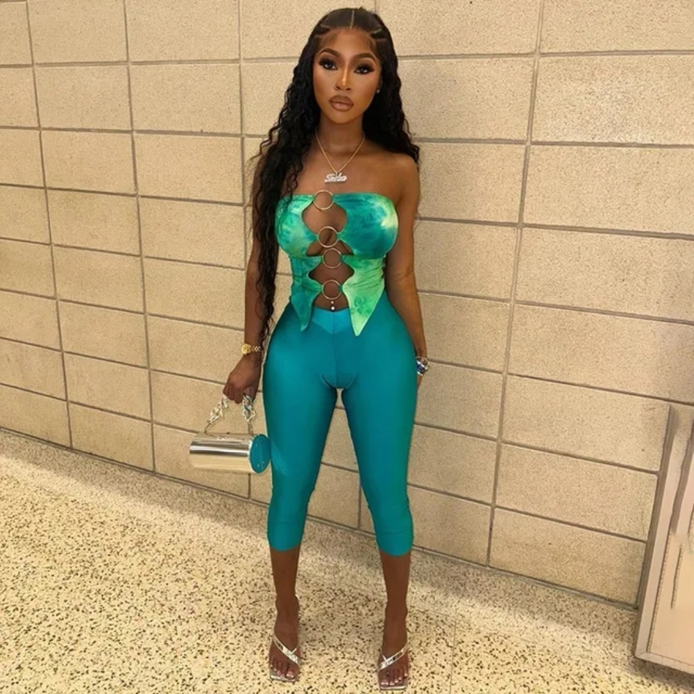 Green Tie-Dye Cutout Strapless Jumpsuit